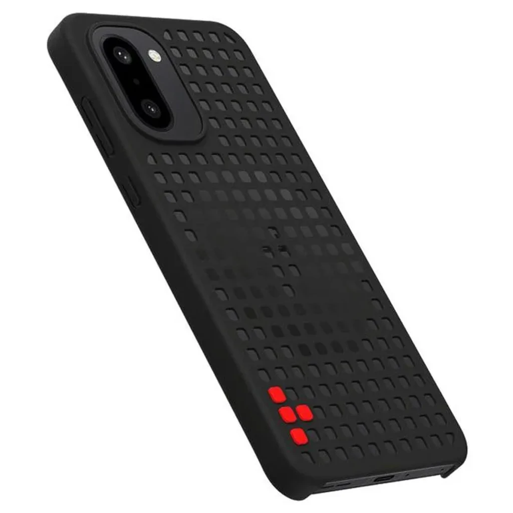 Funda Magnética OnePlus 15R Hole-pattern Negro con patrón perforado cuadrícula, textura antideslizante, recorte preciso para cámara y detalle rojo en - Ítem1