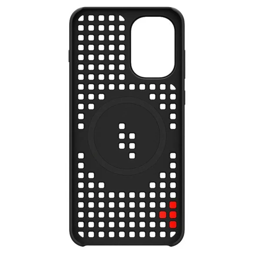 Funda Magnética OnePlus 15R Hole-pattern Negro con patrón perforado cuadrícula, textura antideslizante, recorte preciso para cámara y detalle rojo en - Ítem2