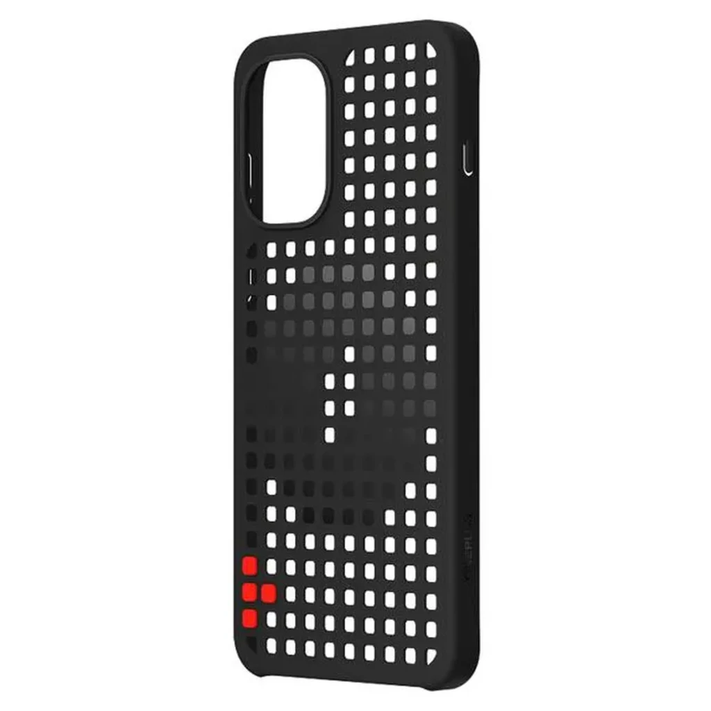 Funda Magnética OnePlus 15R Hole-pattern Negro con patrón perforado cuadrícula, textura antideslizante, recorte preciso para cámara y detalle rojo en - Ítem3
