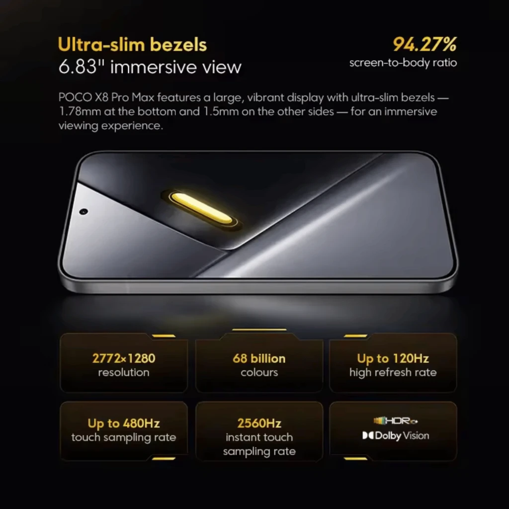 Xiaomi Poco X8 Pro Max 5G naranja con pantalla 120Hz y brillo 3500 nits, doble cámara trasera con anillos, frontal perforada y 12GB RAM, 512GB almacenamiento - Ítem3