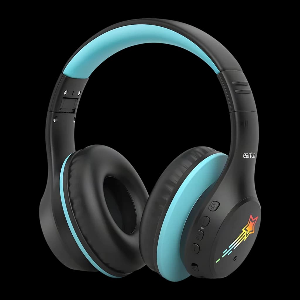 Auriculares EarFun K4 Diadema Bluetooth 5.4 90h Negro, vista frontal: diadema azul y negra, almohadillas acolchadas y logo