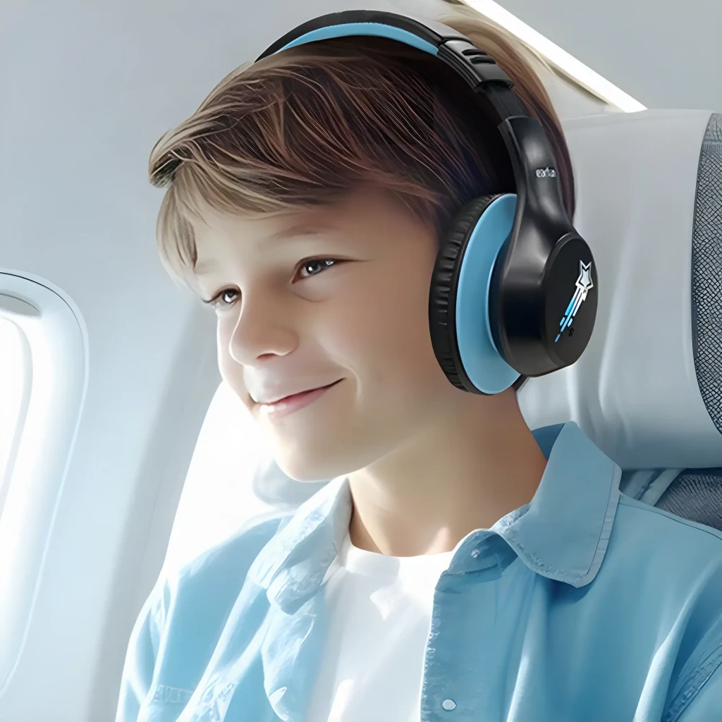 Auriculares EarFun K4 Diadema Bluetooth 5.4 90h Negro, en uso: niño sonriente en avión con almohadillas azules y logo