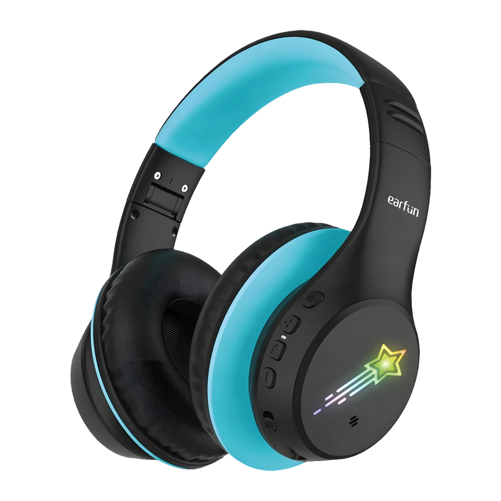 Auriculares EarFun K4 Diadema Bluetooth 5.4 90h Negro, vista lateral: LED estrella fugaz en auricular derecho y acento azul