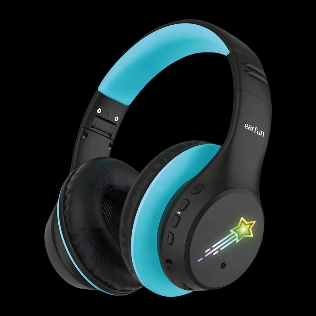 Auriculares EarFun K4 Diadema Bluetooth 5.4 90h Negro, vista lateral: LED estrella fugaz en auricular derecho y acento azul
