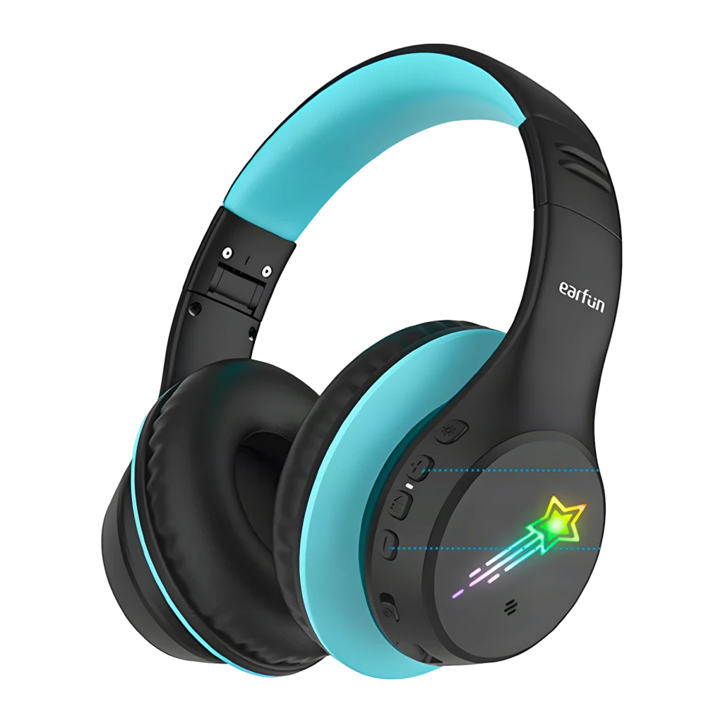 Auriculares EarFun K4 Diadema Bluetooth 5.4 90h Negro, detalle: iluminación LED estrella fugaz en copa derecha y acento azul