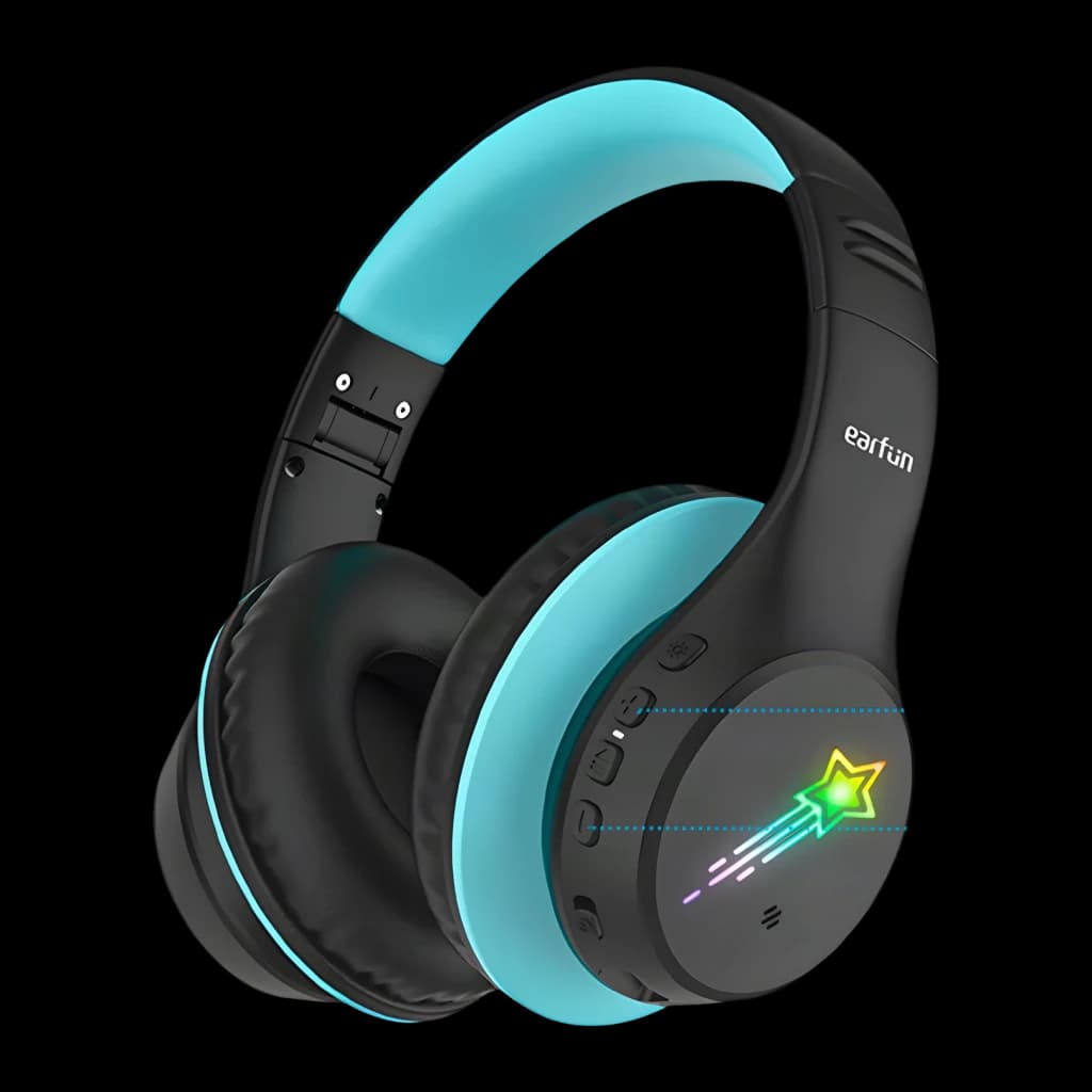 Auriculares EarFun K4 Diadema Bluetooth 5.4 90h Negro, detalle: iluminación LED estrella fugaz en copa derecha y acento azul
