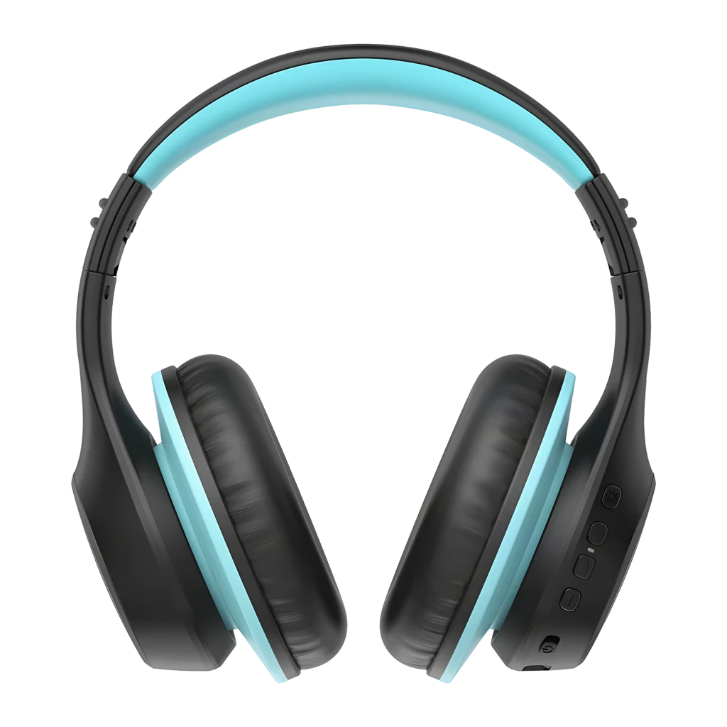 Auriculares EarFun K4 Diadema Bluetooth 5.4 90h Negro, detalle frontal: diadema y almohadillas con acento azul turquesa
