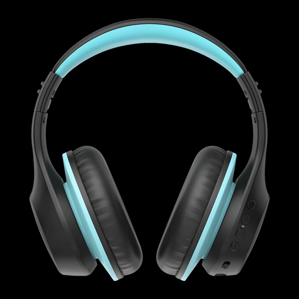 Auriculares EarFun K4 Diadema Bluetooth 5.4 90h Negro, detalle frontal: diadema y almohadillas con acento azul turquesa