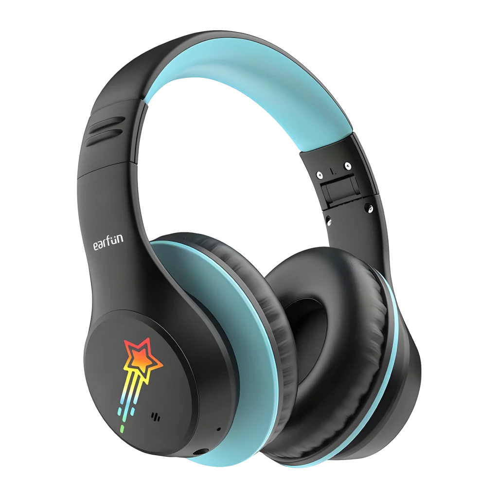 Auriculares EarFun K4 Diadema Bluetooth 5.4 90h Negro, detalle: LED estrella fugaz en copa, interior diadema azul celeste