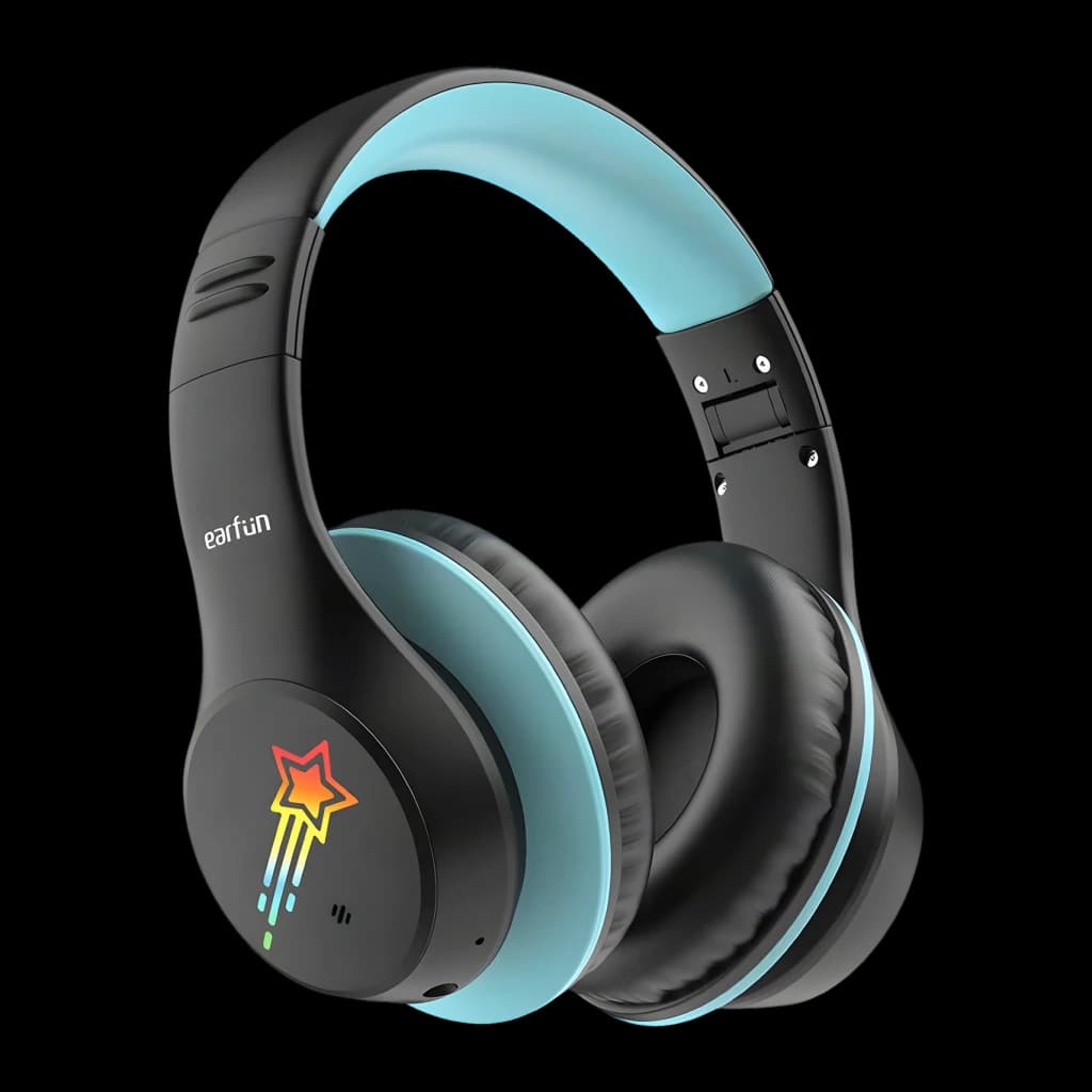 Auriculares EarFun K4 Diadema Bluetooth 5.4 90h Negro, detalle: LED estrella fugaz en copa, interior diadema azul celeste