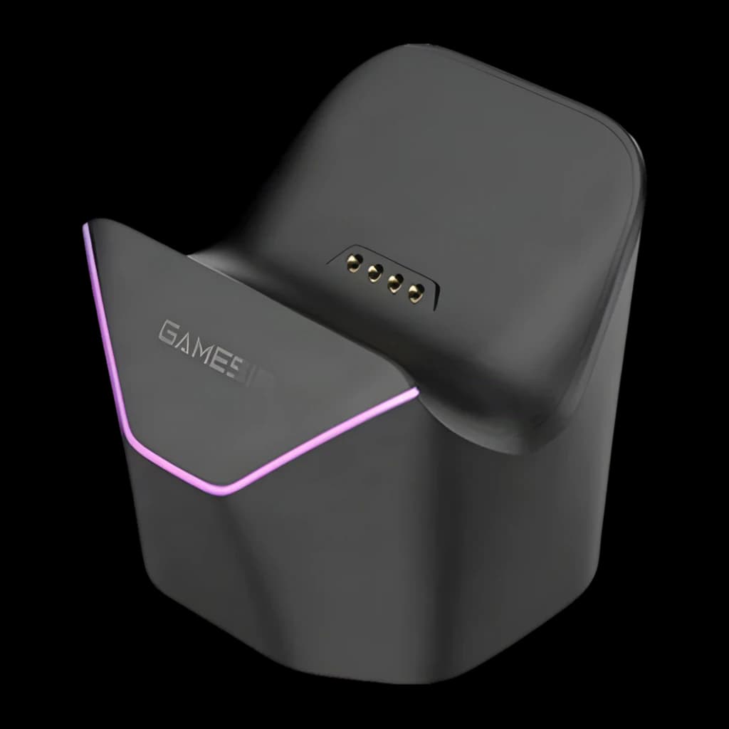 Base de Carregamento GameSir Nova 2 Lite Preto Sem Fios, vista em perspetiva: luz RGB rosa, logótipo e pinos de carga