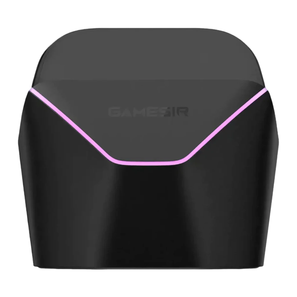 Base de Carregamento GameSir Nova 2 Lite Preto Sem Fios, vista frontal: tira RGB rosa em V e logótipo GameSir