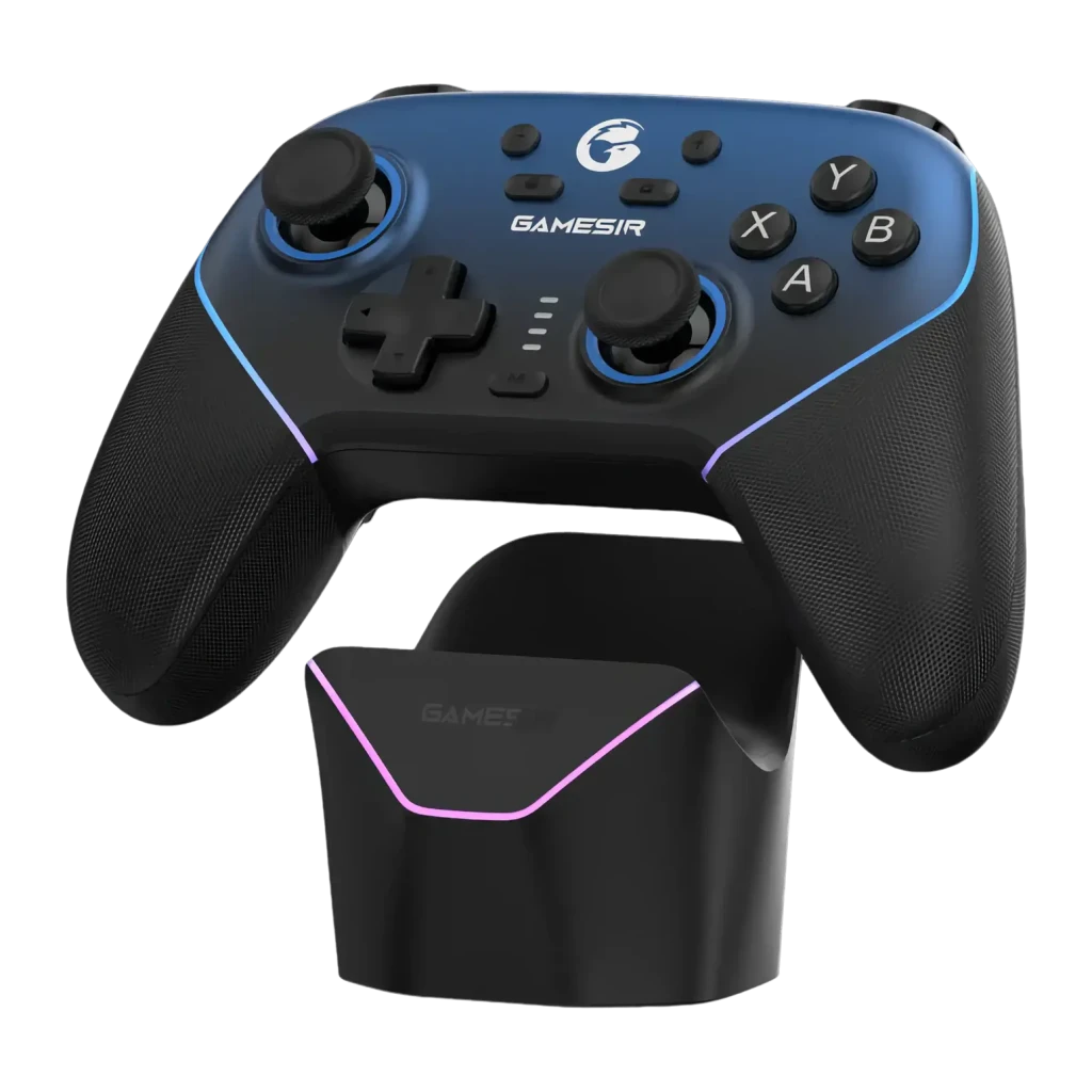 Base de Carregamento GameSir Nova 2 Lite Preto Sem Fios, vista frontal: comando azul na base preta com iluminação RGB rosa