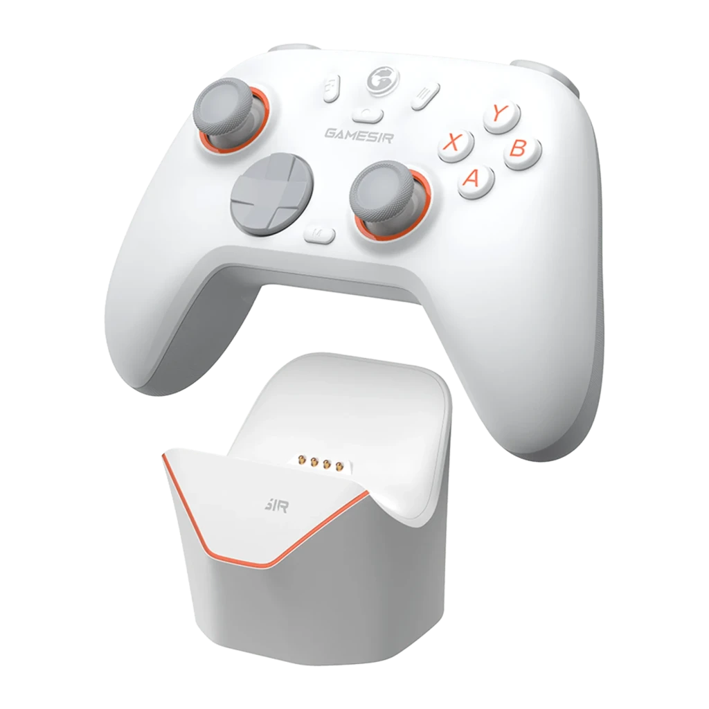 Chargeur pour manette GameSir Nova 2 Lite Blanc Sans Fil, vue séparée: socle avec broches magnétiques et manette flottant