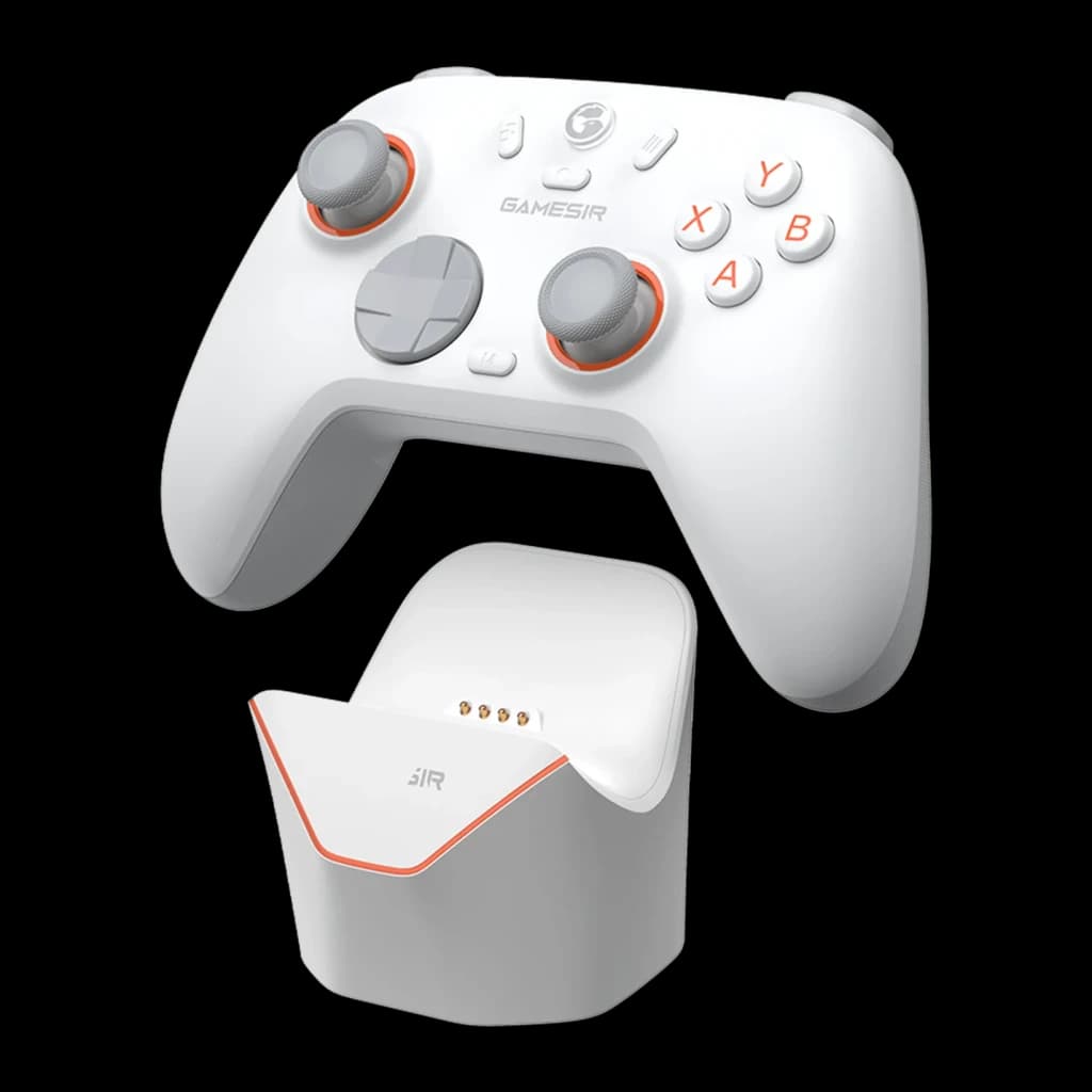 Chargeur pour manette GameSir Nova 2 Lite Blanc Sans Fil, vue séparée: socle avec broches magnétiques et manette flottant