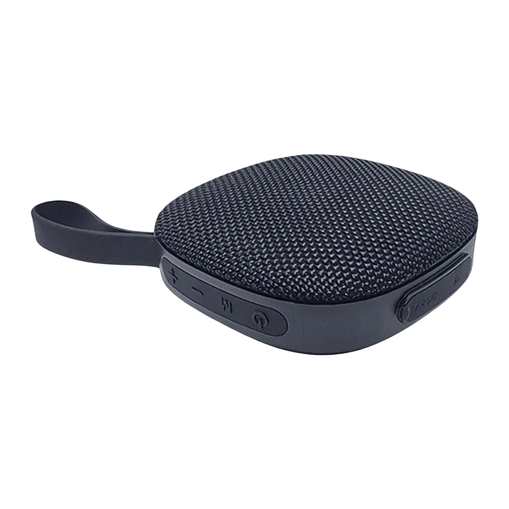 Enceinte Bluetooth ORYX KTS-2119 compacte noire, grille tissu gris, bouton latéral, sangle de transport, étanche IPX6, 5 W, autonomie 4 h - Ítem4