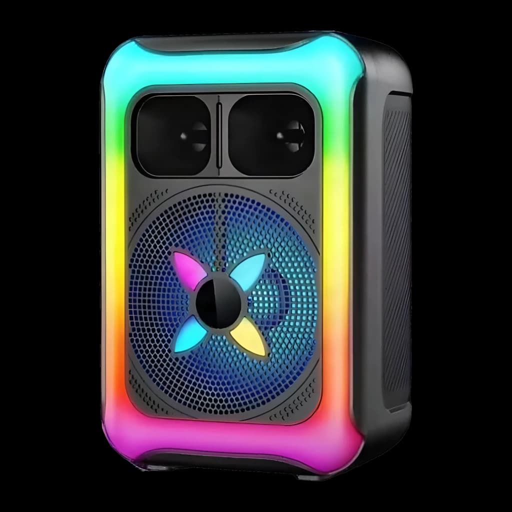 Enceinte Bluetooth ORYX KTS-2452 12W avec anneau LED multicolore, grand haut-parleur frontal à grille perforée et contrôles centraux, boîtier noir robuste