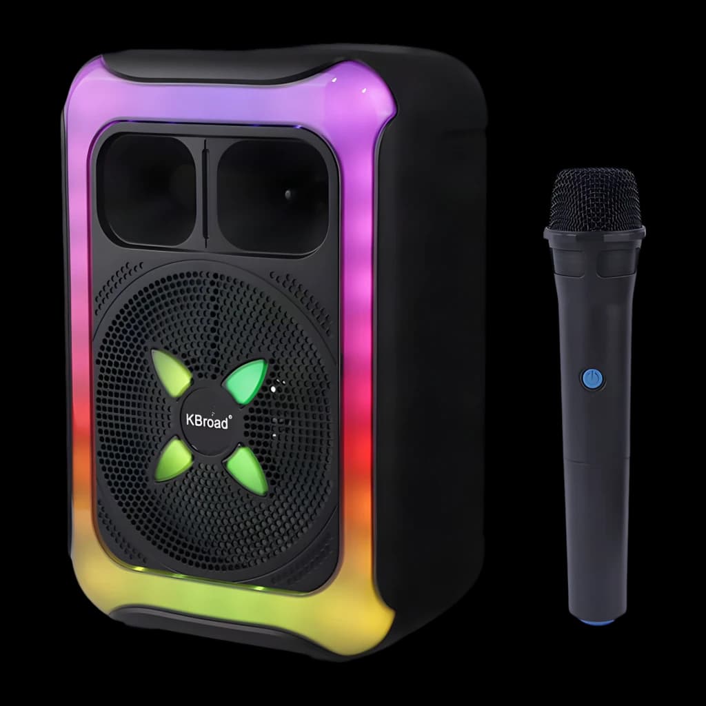 Enceinte Bluetooth ORYX KTS-2452 12W avec éclairage LED multicolore, grille X verte, boîtier noir arrondi et micro sans fil assorti