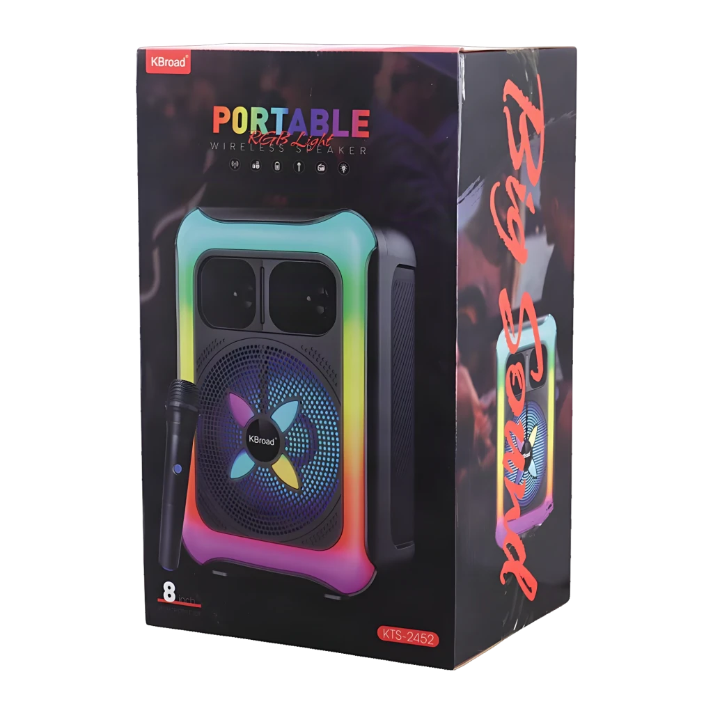 Coluna Bluetooth ORYX KTS-2452 12W com grelha frontal, woofer iluminado multicolor em X e moldura LED RGB, design compacto em preto com laterais texturizadas - Item2