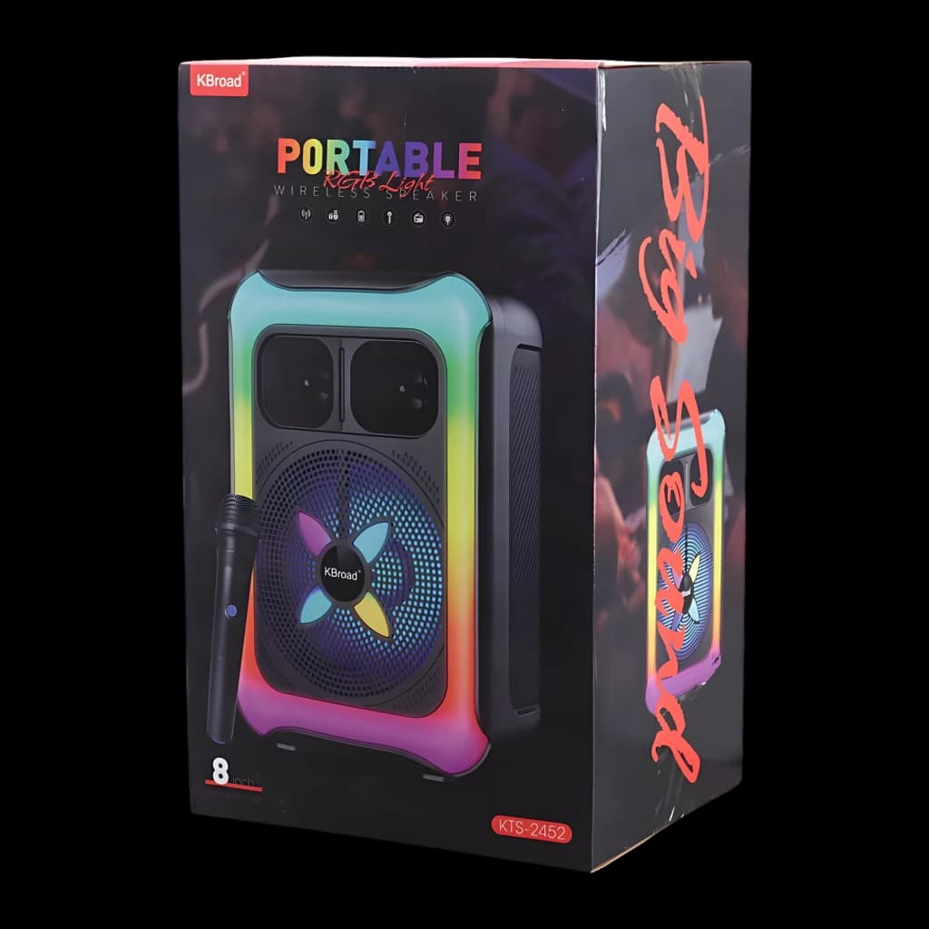 Enceinte Bluetooth ORYX KTS-2452 12W avec éclairage LED multicolore, grand haut-parleur frontal et micro sans fil noir, design portable pour ambiance festive
