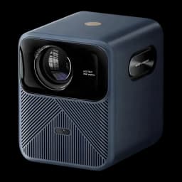 Projecteur Wanbo Mozart 1S compact bleu nuit avec grande lentille frontale, façade striée, poignée latérale et capteur IR; design moderne et robuste