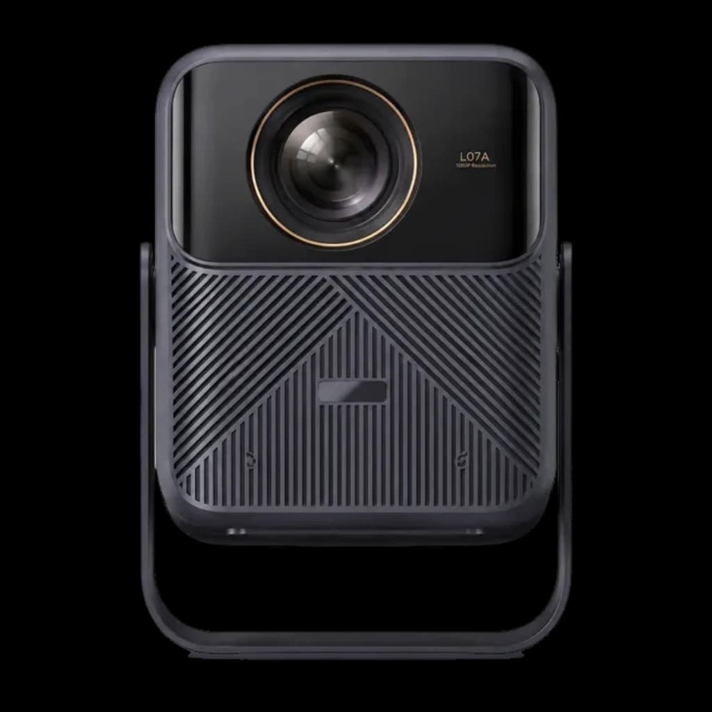 Projecteur Wanbo Mozart 1S compact, façade noire avec large lentille cerclée or, châssis gris strié avec poignée intégrée pour transport et orientation
