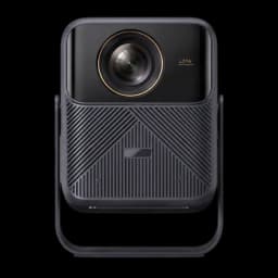 Projecteur Wanbo Mozart 1S compact, façade noire avec large lentille cerclée or, châssis gris strié avec poignée intégrée pour transport et orientation