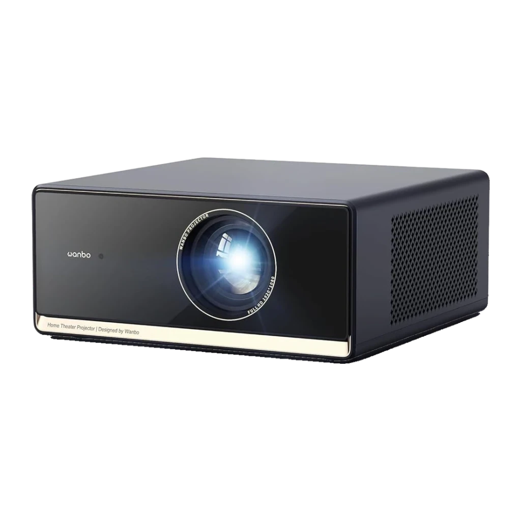 Proyector WANBO X5S compacto en negro con gran lente frontal luminosa, panel brillante, rejillas laterales de ventilación y diseño minimalista para cine en