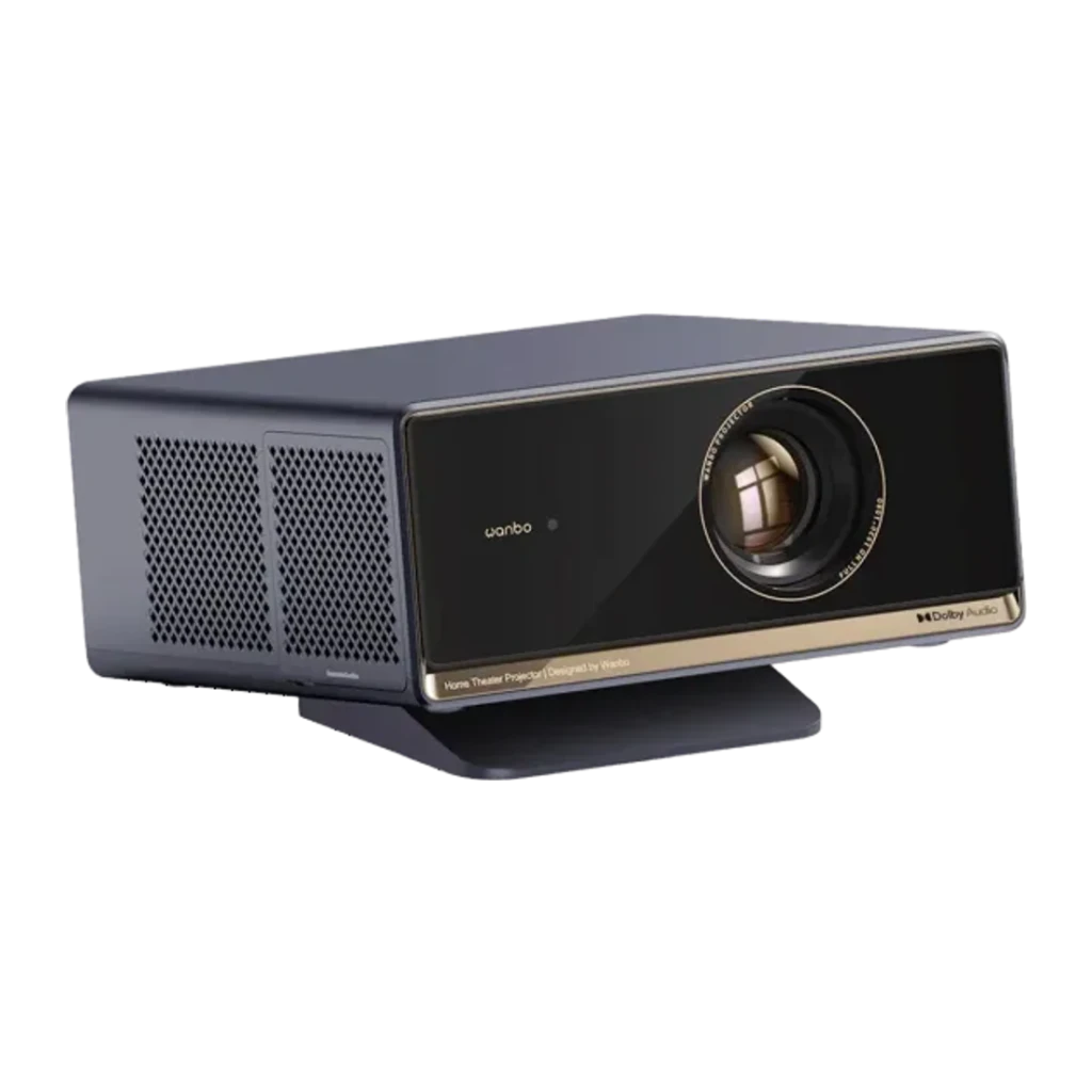 Proyector WANBO X5S 1080p con gran lente frontal, panel LCD, chasis negro con rejillas laterales, base inclinada y detalle dorado; brillo 1100 lúmenes ANSI