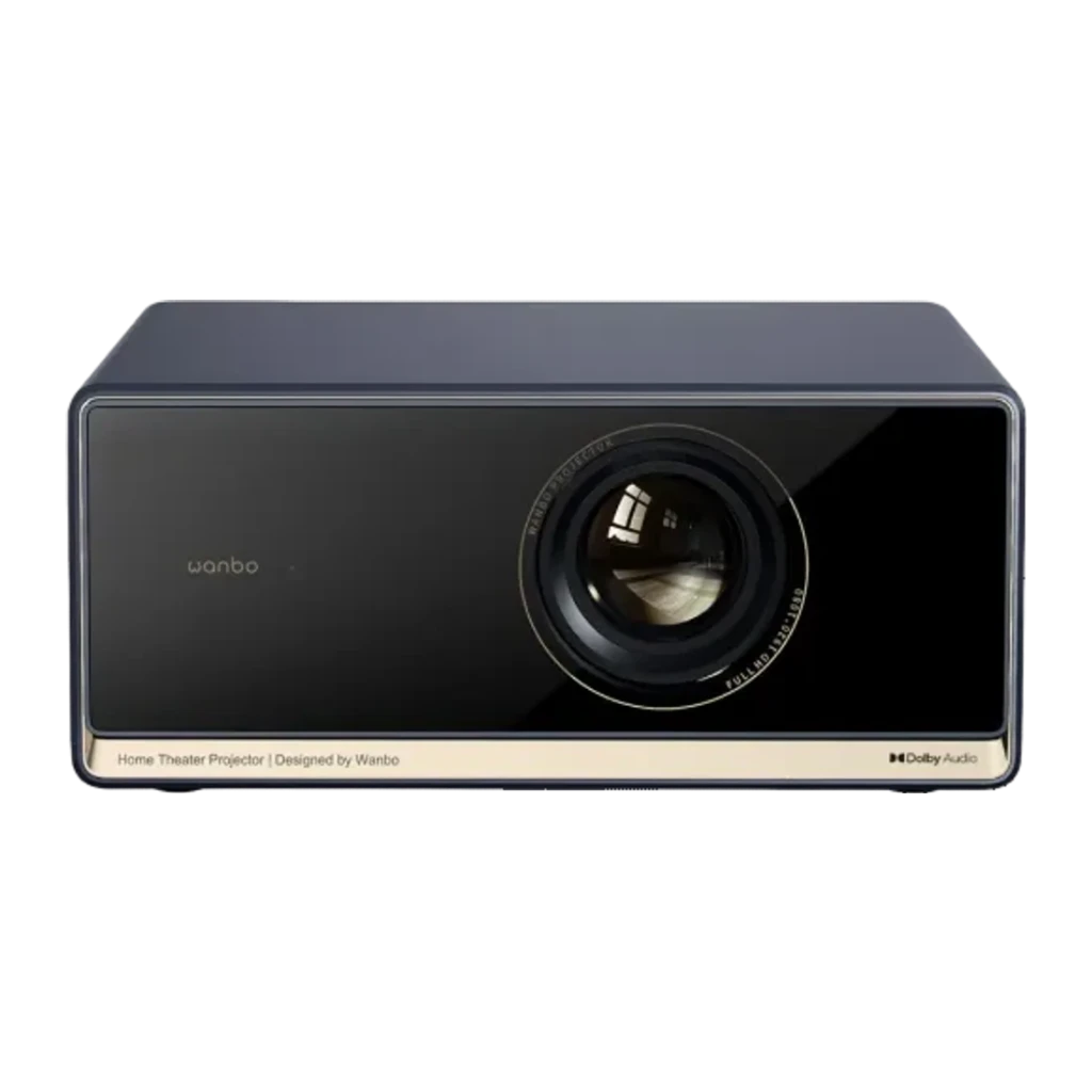 Proyector WANBO X5S con frontal negro brillante, gran lente circular a la derecha, chasis rectangular minimalista en gris y franja inferior con logotipos