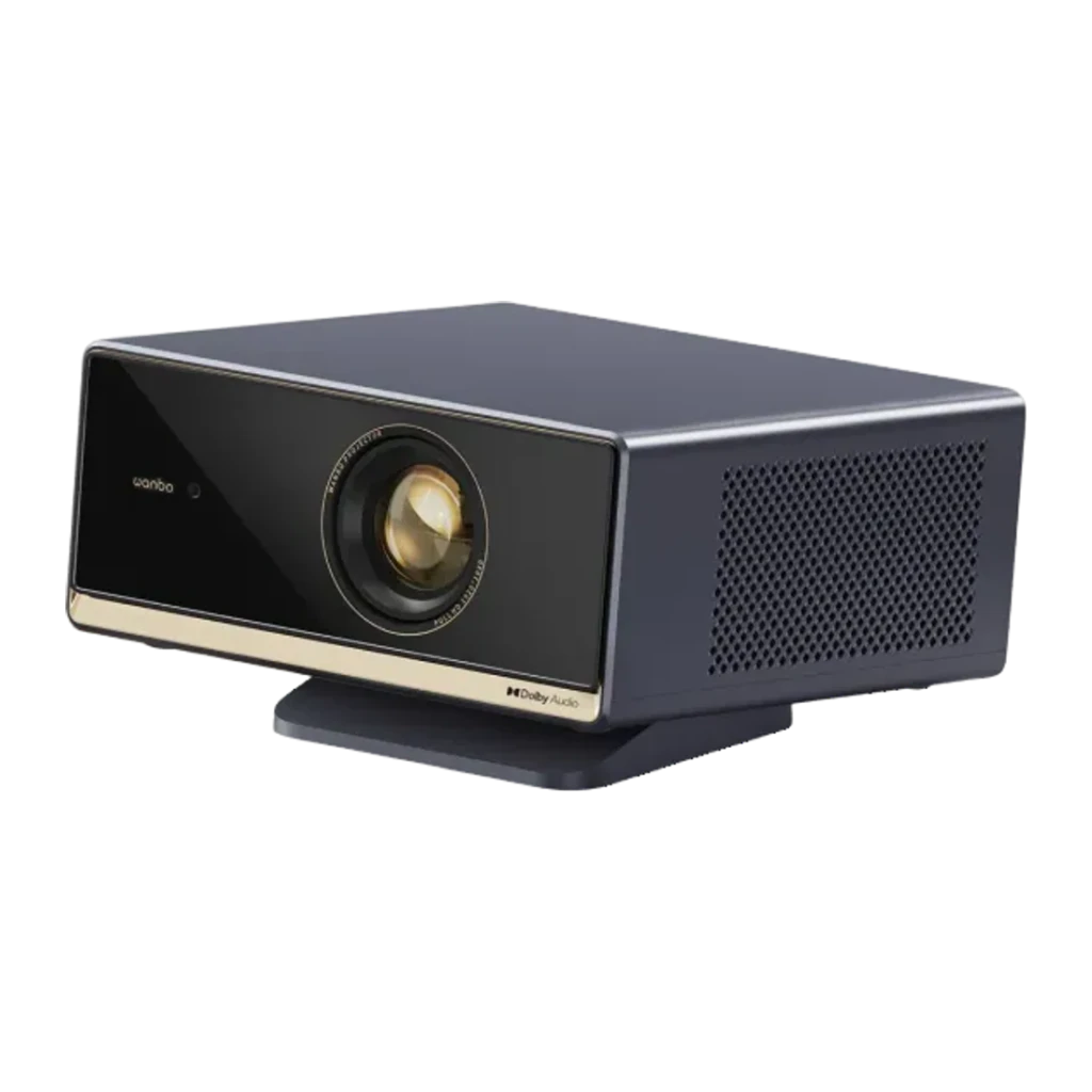 Proyector WANBO X5S 1080p con lente frontal destacada, chasis gris oscuro, panel negro brillante, rejillas laterales de ventilación y base estable; 1100