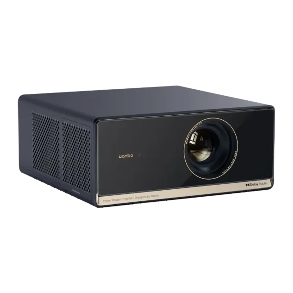 Proyector WANBO X5S negro con gran lente frontal, cuerpo rectangular con rejillas laterales de ventilación, logotipo frontal y diseño elegante para cine en