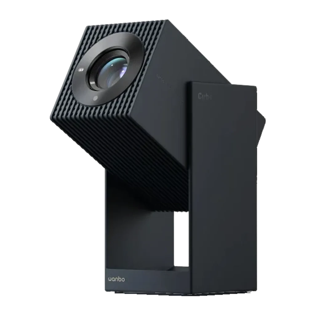 Proyector Wanbo 2S portátil en negro, diseño cúbico elevado con gran lente frontal, acabado estriado, tiro corto 1.2:1 y proyección FHD 1080p 500 ANSI