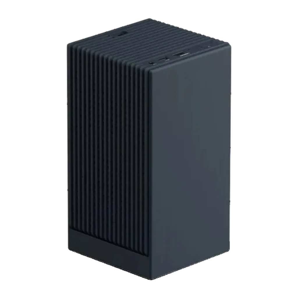Proyector Wanbo 2S portátil en color negro, diseño vertical compacto con carcasa acanalada, puertos superiores y laterales, estilo minimalista y moderno
