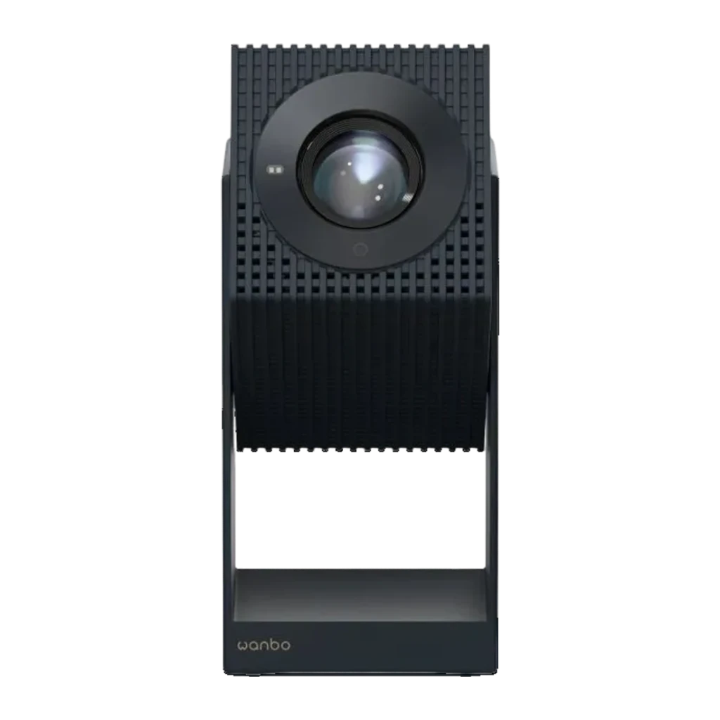 Proyector Wanbo 2S portátil negro, diseño vertical con gran lente frontal, rejilla texturizada, soporte integrado y acabado minimalista elegante