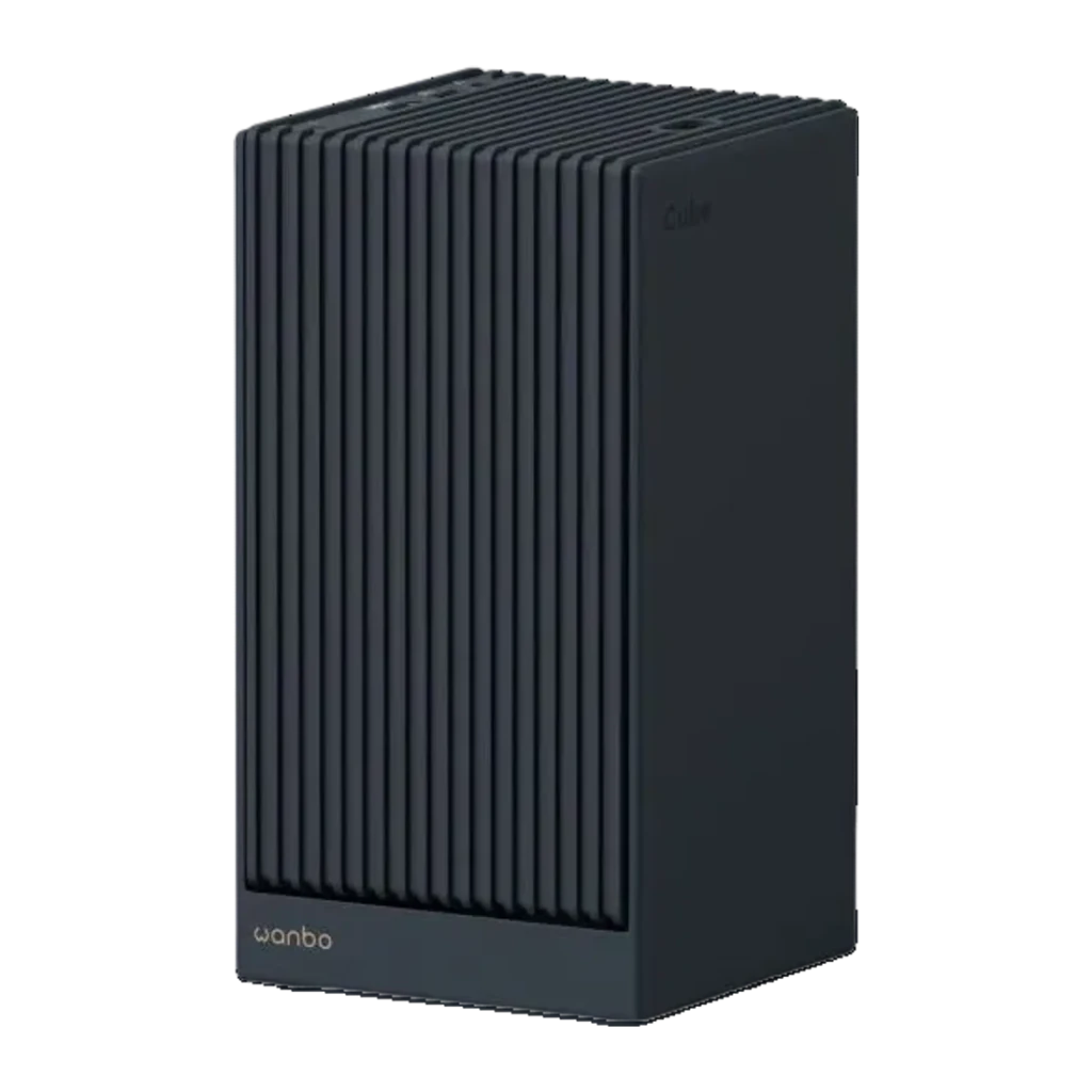 Proyector Wanbo 2S portátil en color negro, diseño vertical compacto con panel frontal ranurado tipo rejilla y base con logotipo wanbo visible