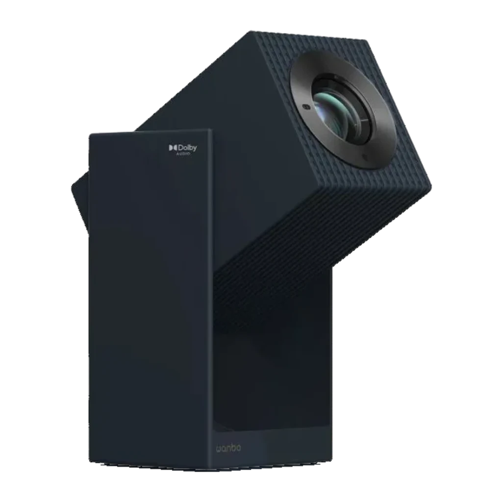 Proyector Wanbo 2S portátil, diseño angular en negro, lente frontal expuesta, rejilla texturizada, compacto con logotipo Dolby y base estable