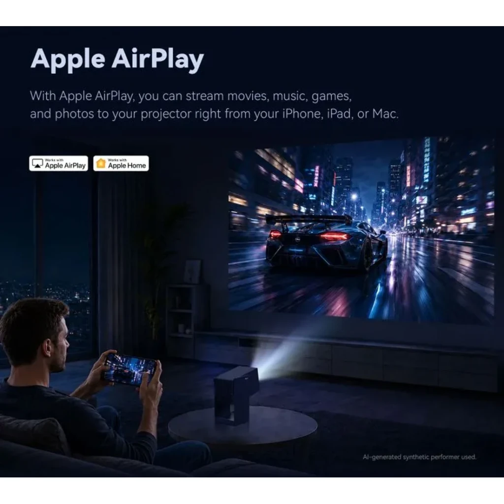 Proyector Wanbo 2S portátil proyectando escena nocturna 4K en pared; compacto, luz frontal brillante, compatible con Apple AirPlay y Apple Home