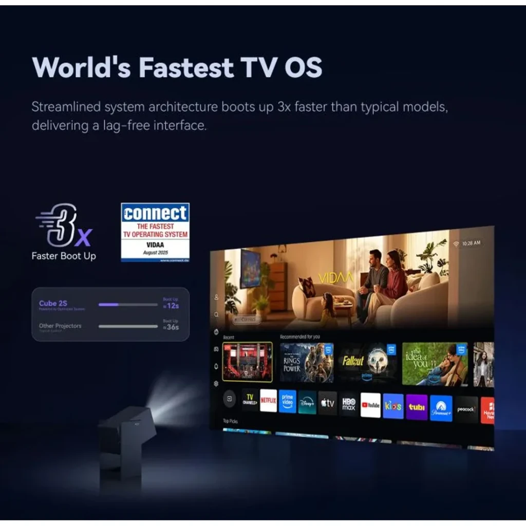 Interfaz VIDAA en TV con apps como YouTube, Prime Video y Netflix, inicio 3x más rápido, pantalla grande con menú lateral y fondo oscuro elegante