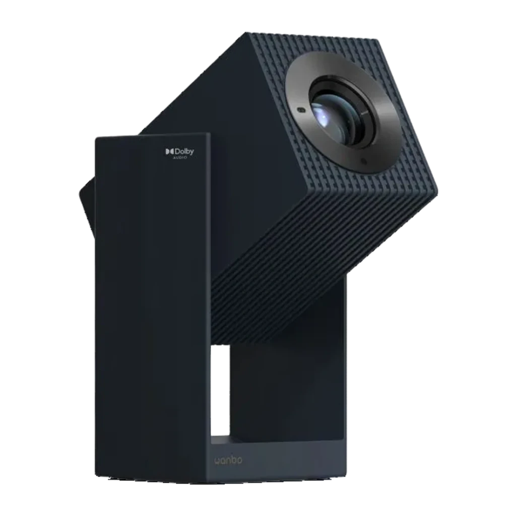 Proyector Wanbo 2S portátil 1080p FHD, diseño cúbico en negro, lente frontal grande, rejilla texturizada, soporte vertical estable, logotipo Dolby visible