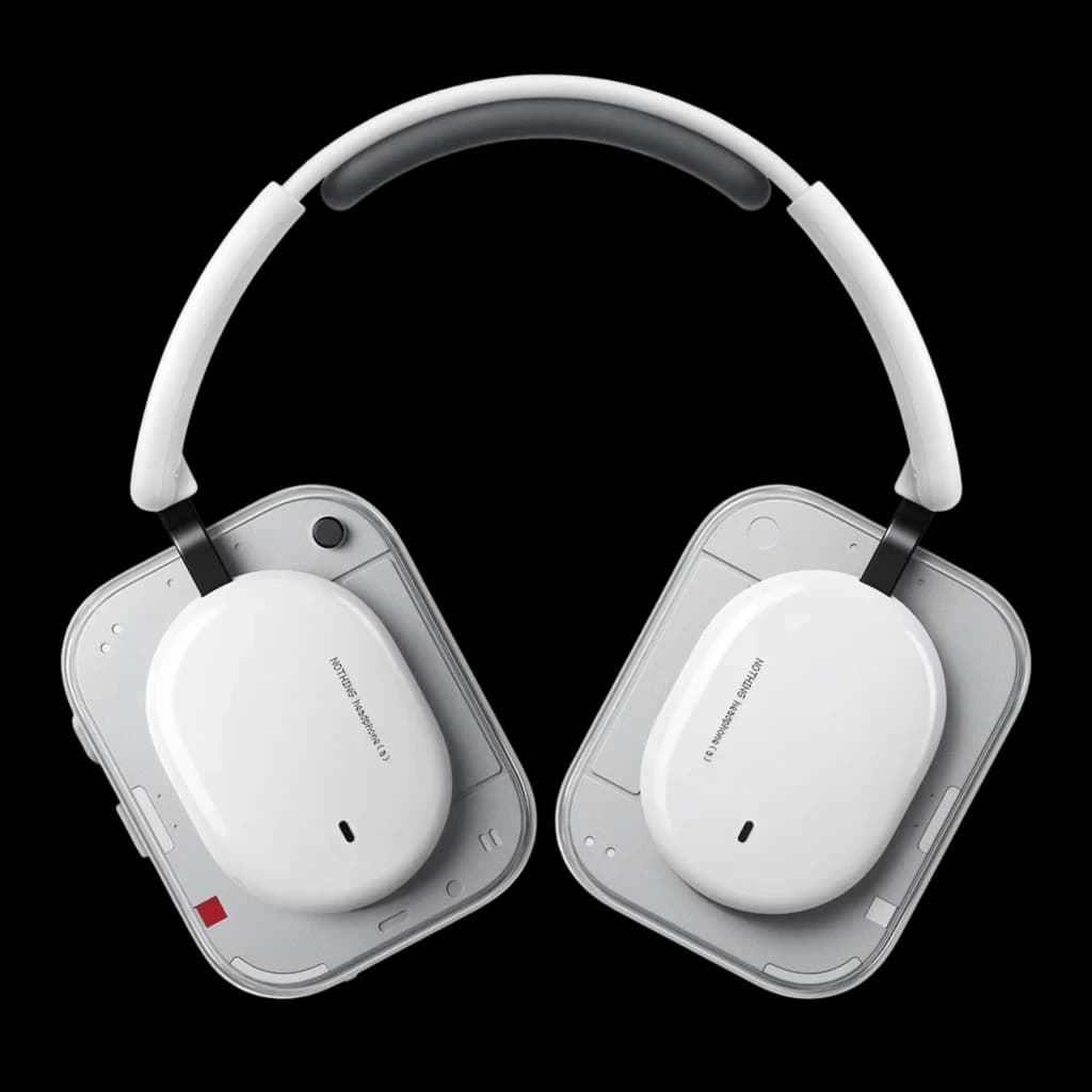 Nothing Headphone a Branco com diadema: auscultadores over-ear brancos, almofadas retangulares cinza, arco acolchoado e design minimalista moderno