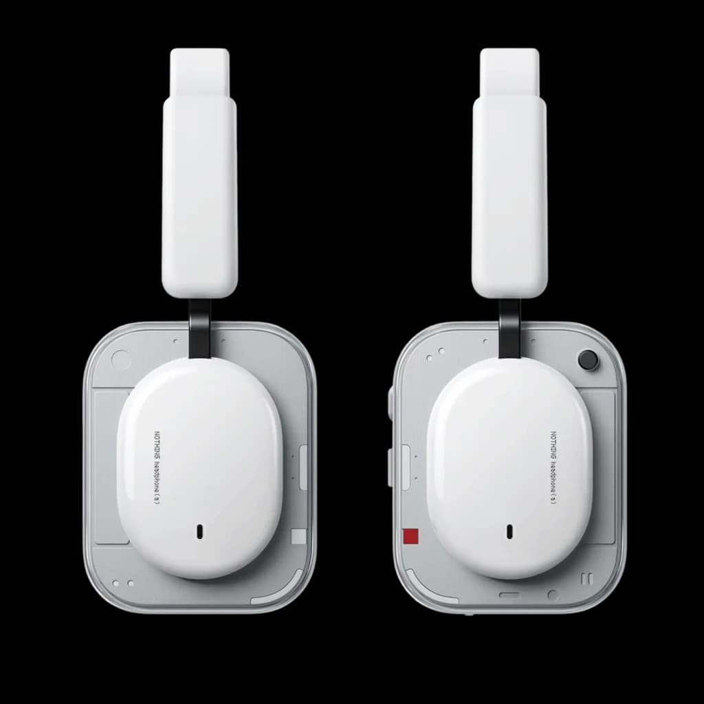 Nothing Headphone a Branco com almofadas ovais brilhantes, armação branca e detalhes modulares cinza; design minimalista com hastes retangulares e acabamento