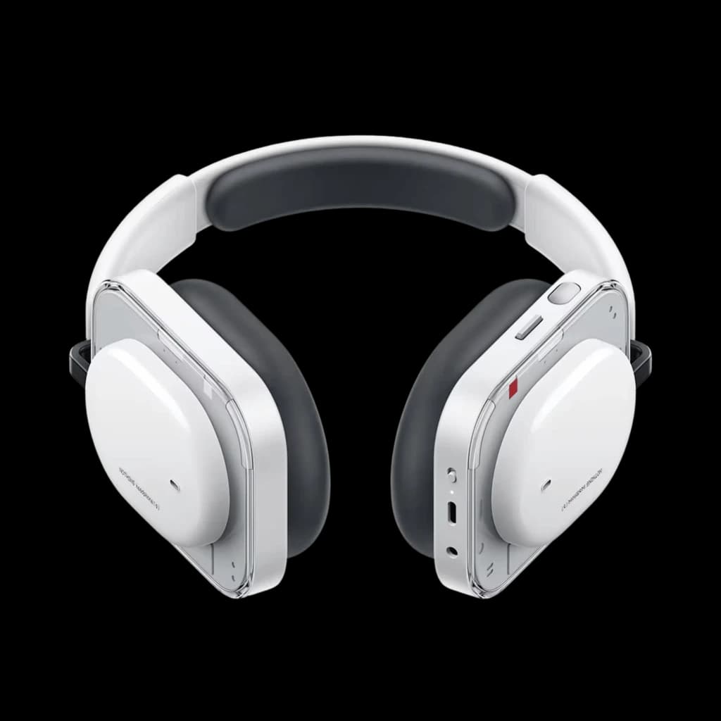 Nothing Headphone (a) Branco com diadema, design quadrado minimalista, conchas brancas brilhantes, almofadas pretas, botões laterais e porta USB‑C