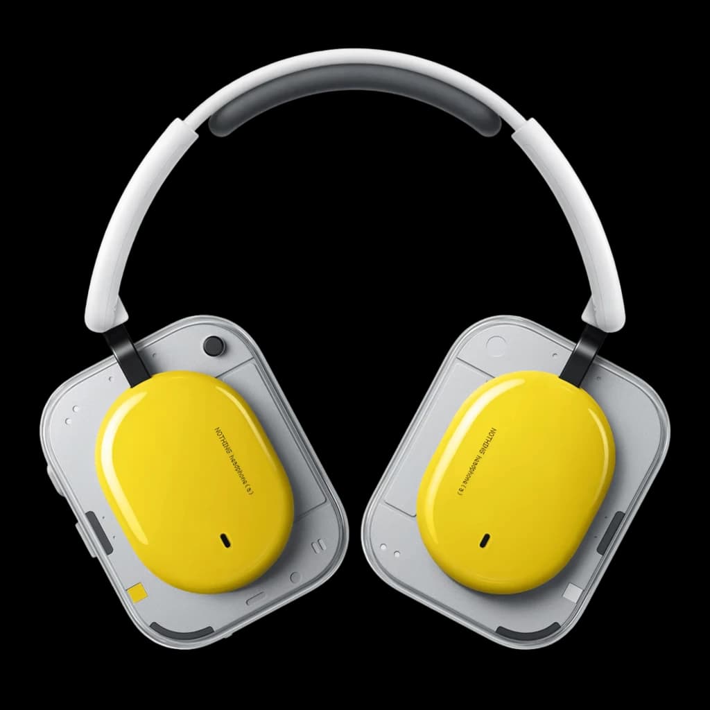 Nothing Headphone a Amarelo auscultadores com diadema cinza e almofadas ovais amarelas, design quadrado nas conchas, arco acolchoado e acabamento moderno