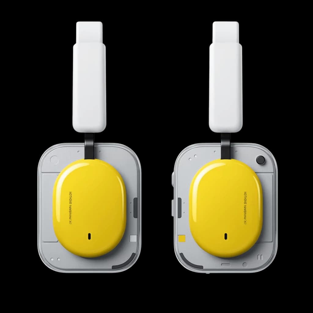 Nothing Headphone a Amarelo com design quadrado cinza e almofadas ovais amarelas brilhantes, arco branco acolchoado, estilo moderno e minimalista