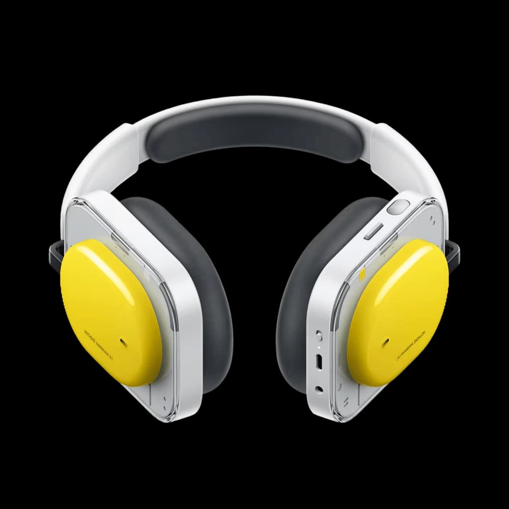 Nothing Headphone a Amarelo – auscultadores over-ear sem fios com conchas amarelas brilhantes, estrutura prateada, almofadas pretas e arco acolchoado