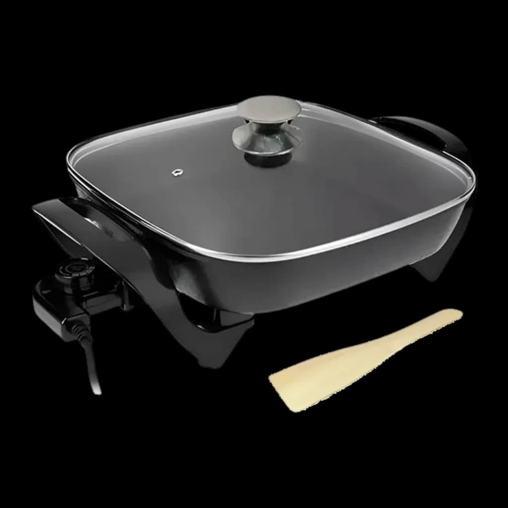 Marmite électrique Oryx EEL0854 carrée avec couvercle en verre, poignées latérales, thermostat réglable et spatule en bois, double résistance visible