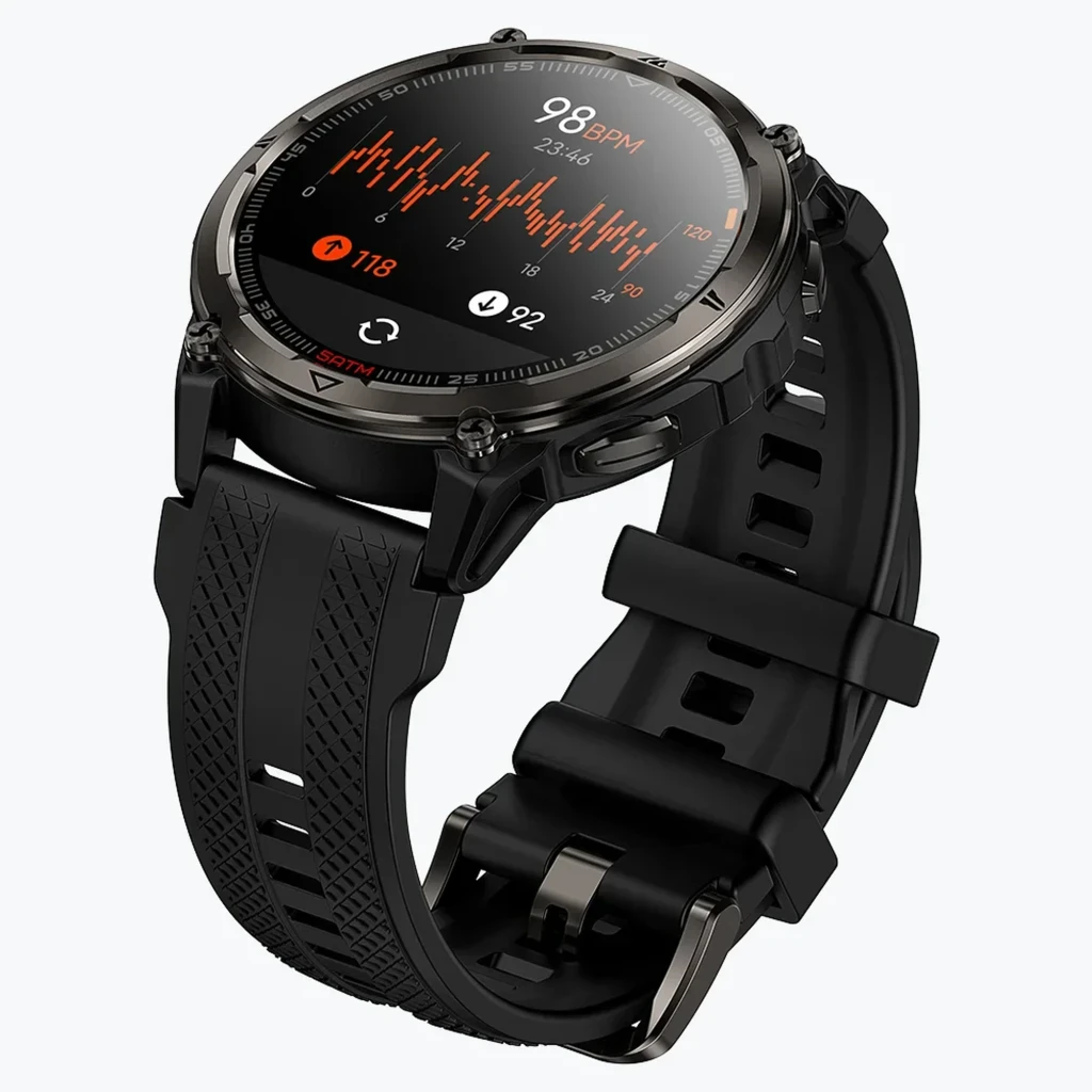 Reloj inteligente Kospet Orb 2 negro con correa de silicona, bisel metálico robusto, pantalla circular con esferas deportivas, botones laterales y hebilla - Ítem3
