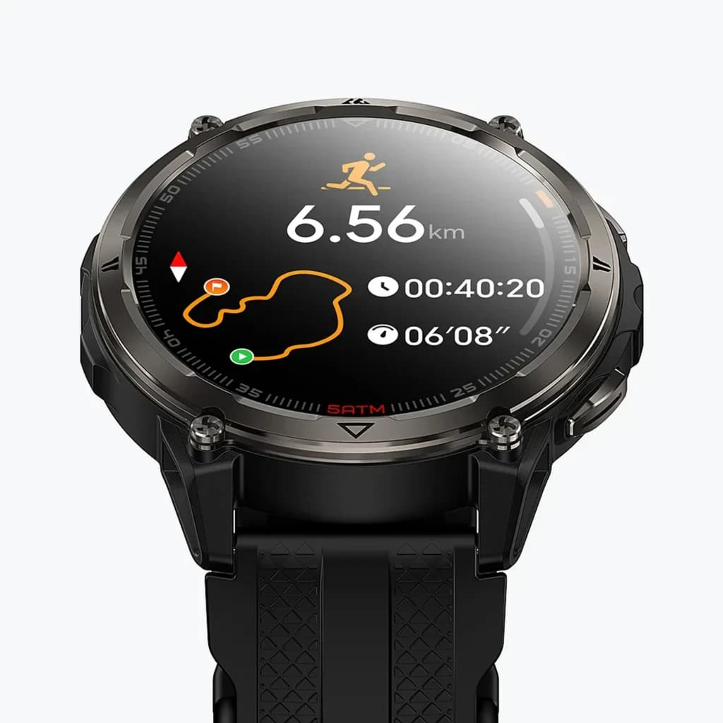 Reloj Kospet Orb 2 Negro con pantalla circular, bisel metálico robusto, correa texturizada, métricas de carrera en pantalla, GPS dual L1+L5 y llamadas