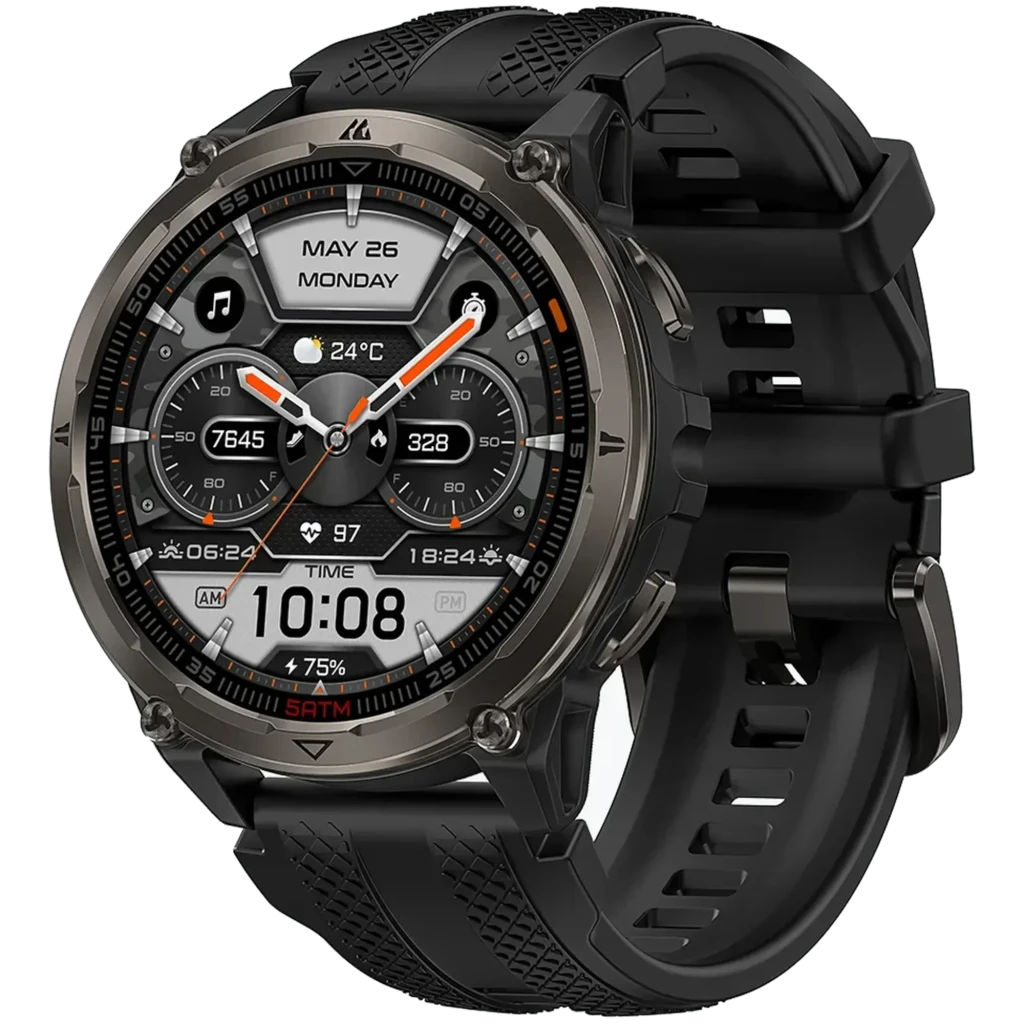 Reloj inteligente Kospet Orb 2 negro con correa de silicona, bisel metálico robusto, pantalla circular con esferas deportivas, botones laterales y hebilla - Ítem